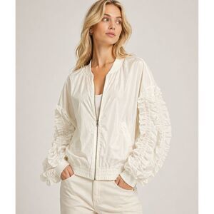 NWT Cien Sheer Ruffle Sleeve Bomber Jacket Oversized S Cream Festival Boho Fairy